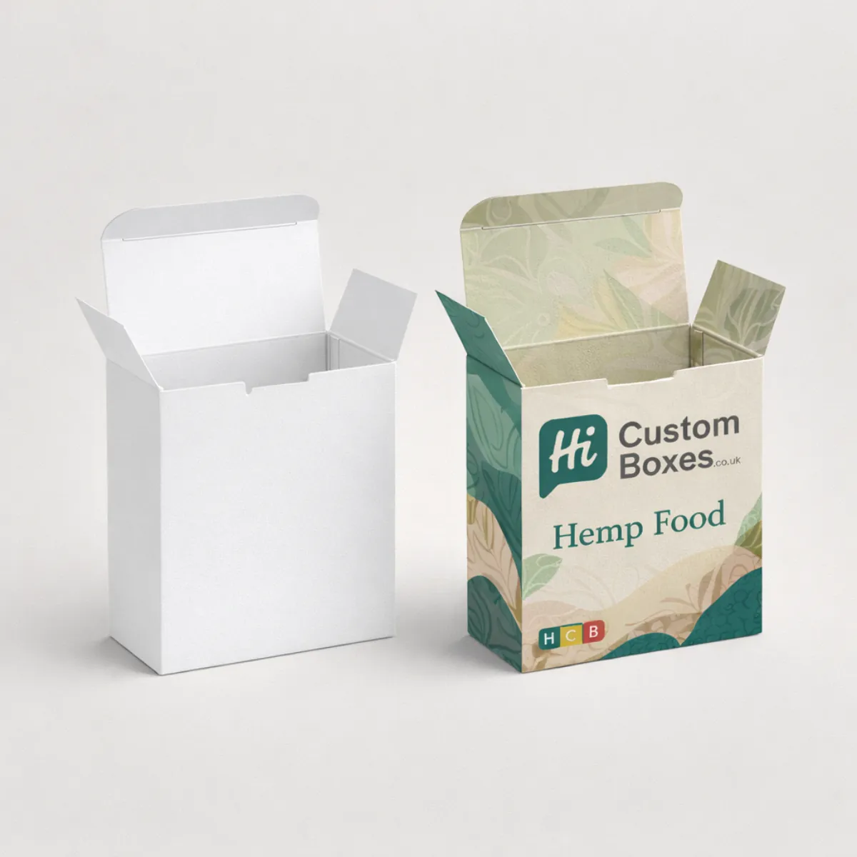 Open cardboard tuck-end boxes- one in plain white and the other featuring internal and external botanical prints- class=